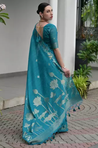 blue solid linen saree with blouse