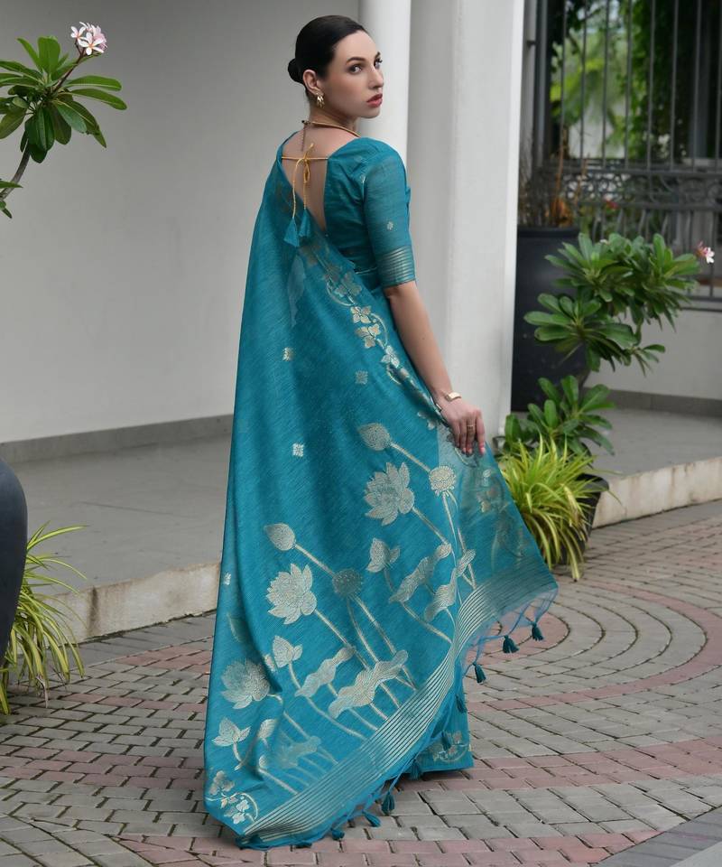 blue solid linen saree with blouse