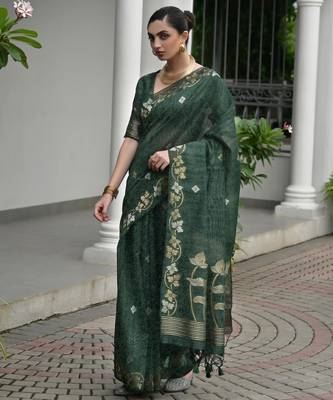 green solid linen saree with blouse 1