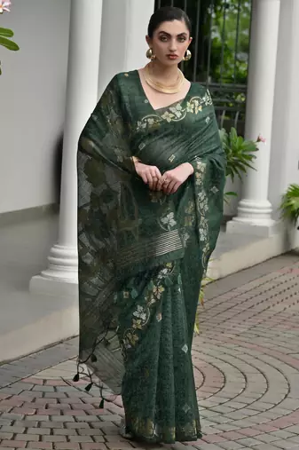 green solid linen saree with blouse
