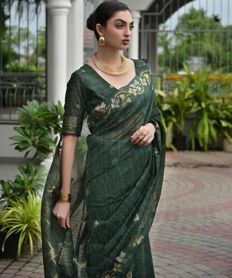 green solid linen saree with blouse 4