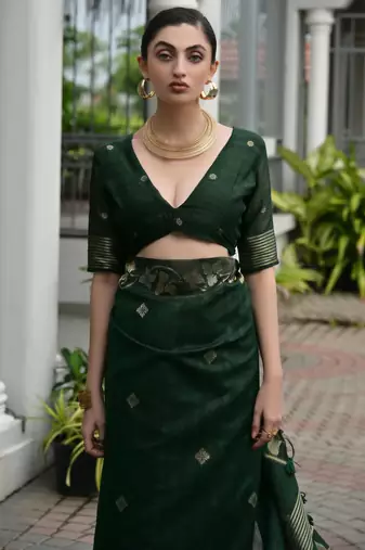 green solid linen saree with blouse