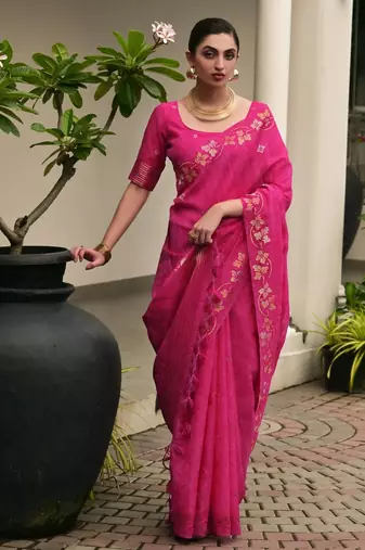 pink solid linen saree with blouse