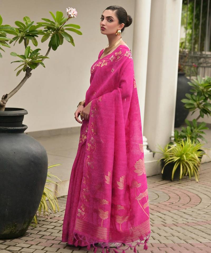 pink solid linen saree with blouse