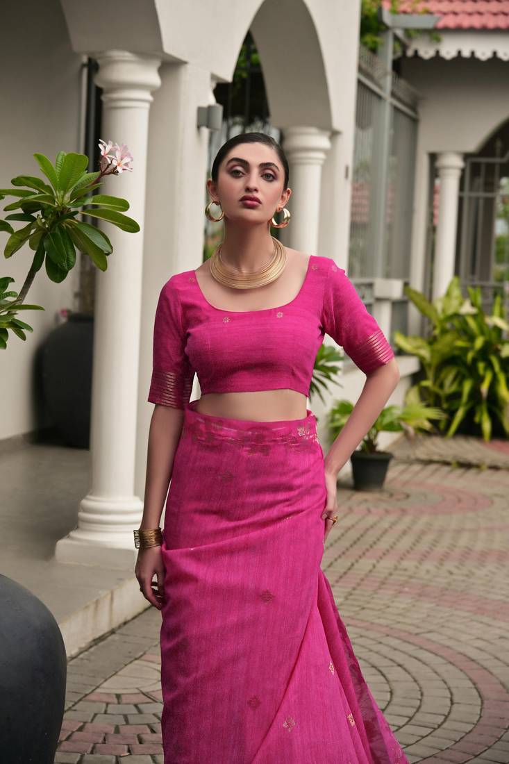pink solid linen saree with blouse