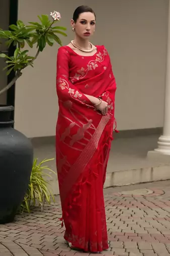 red solid linen saree with blouse