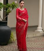 red solid linen saree with blouse