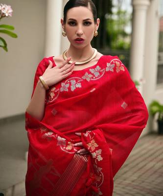 red solid linen saree with blouse 2