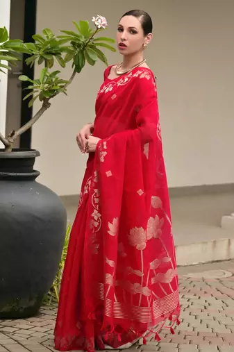 red solid linen saree with blouse