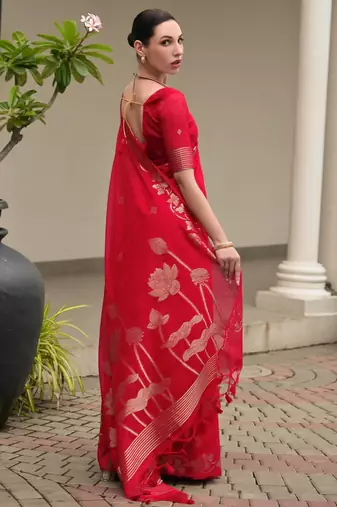 red solid linen saree with blouse