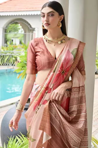 coffee solid satin saree with blouse