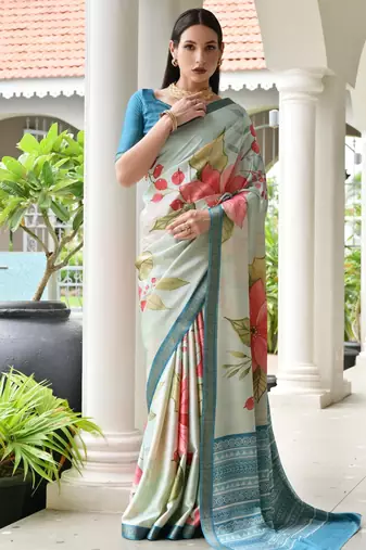 blue solid satin saree with blouse