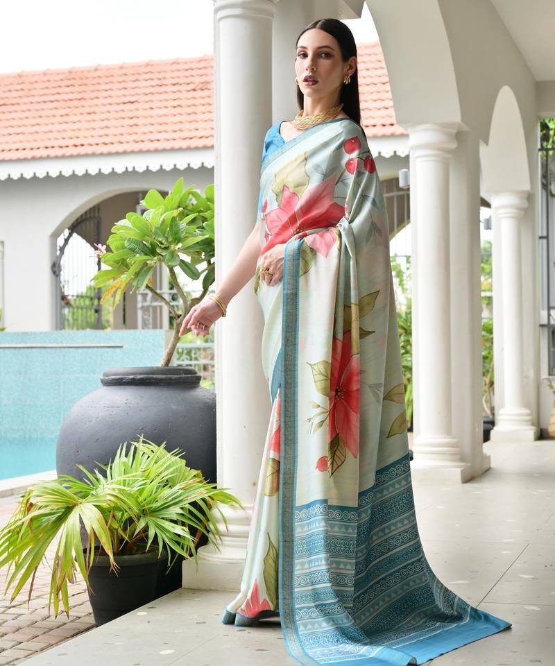 blue solid satin saree with blouse