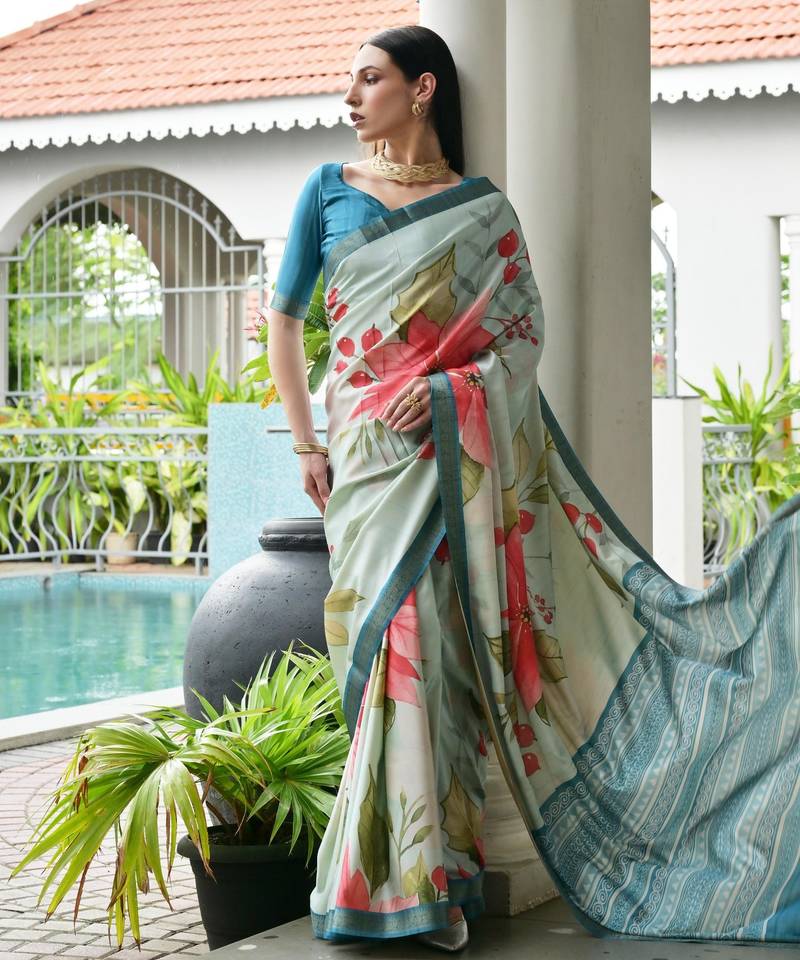 blue solid satin saree with blouse