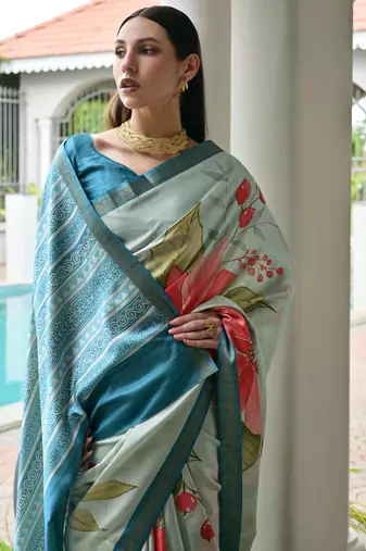 blue solid satin saree with blouse