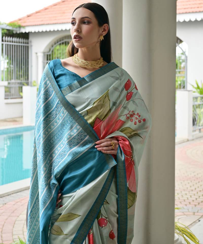 blue solid satin saree with blouse