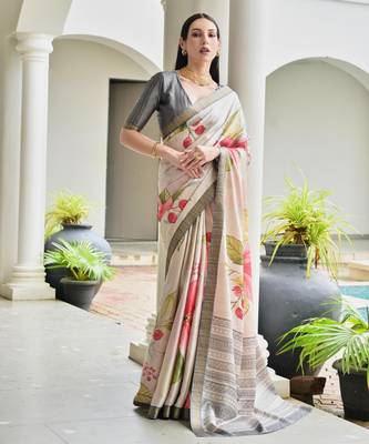 grey solid satin saree with blouse 1