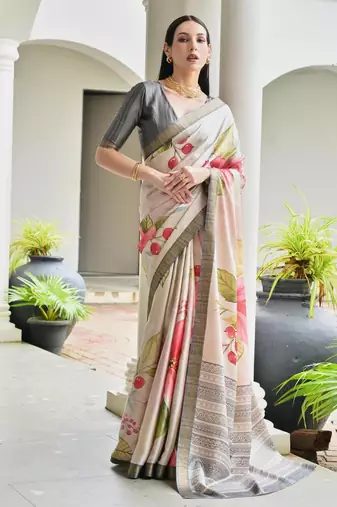 grey solid satin saree with blouse
