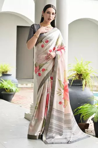 grey solid satin saree with blouse