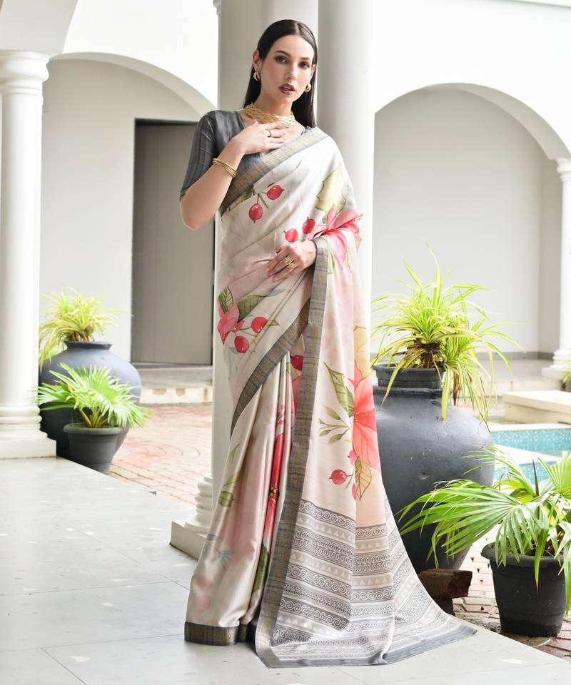grey solid satin saree with blouse