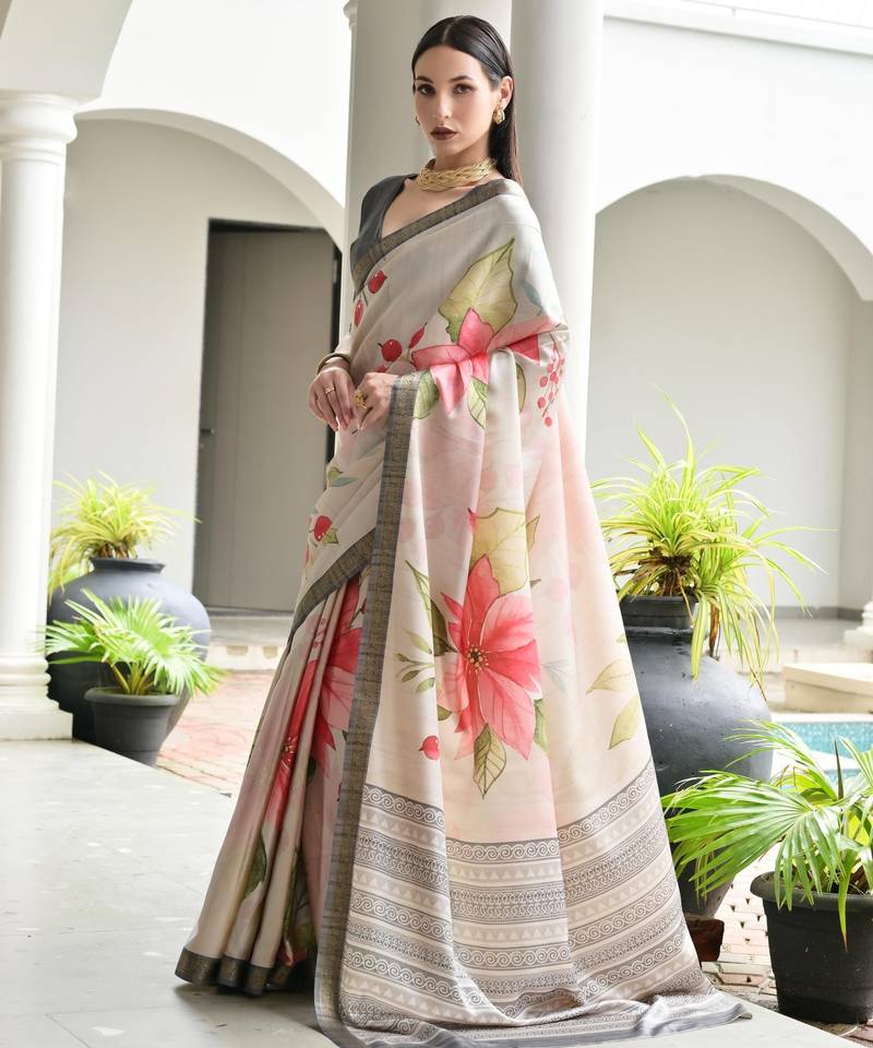 grey solid satin saree with blouse