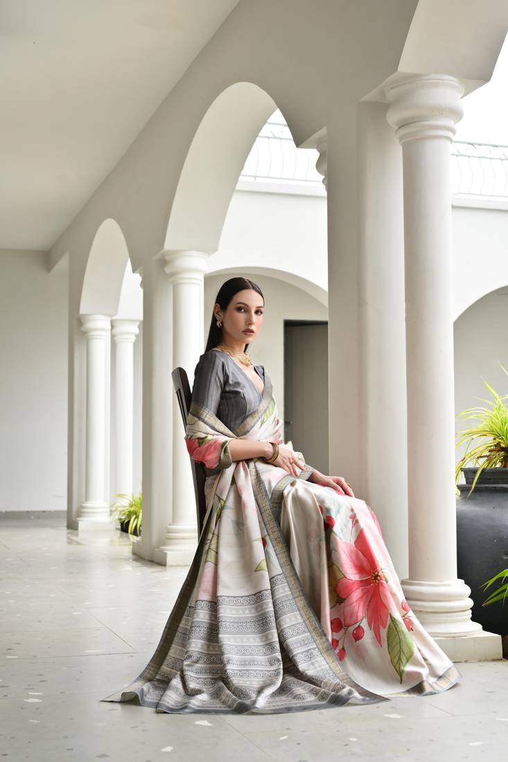grey solid satin saree with blouse