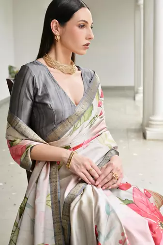 grey solid satin saree with blouse