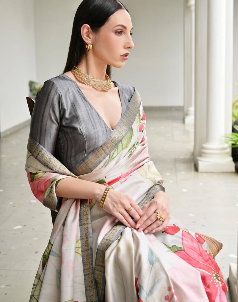 grey solid satin saree with blouse