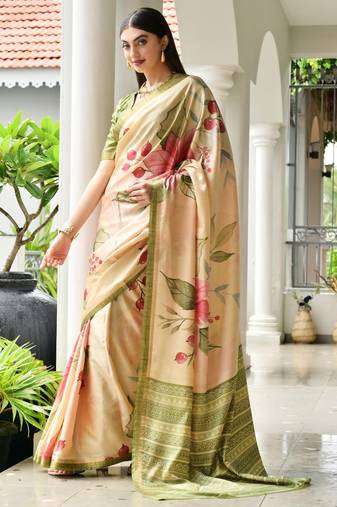parrot green solid satin saree with blouse