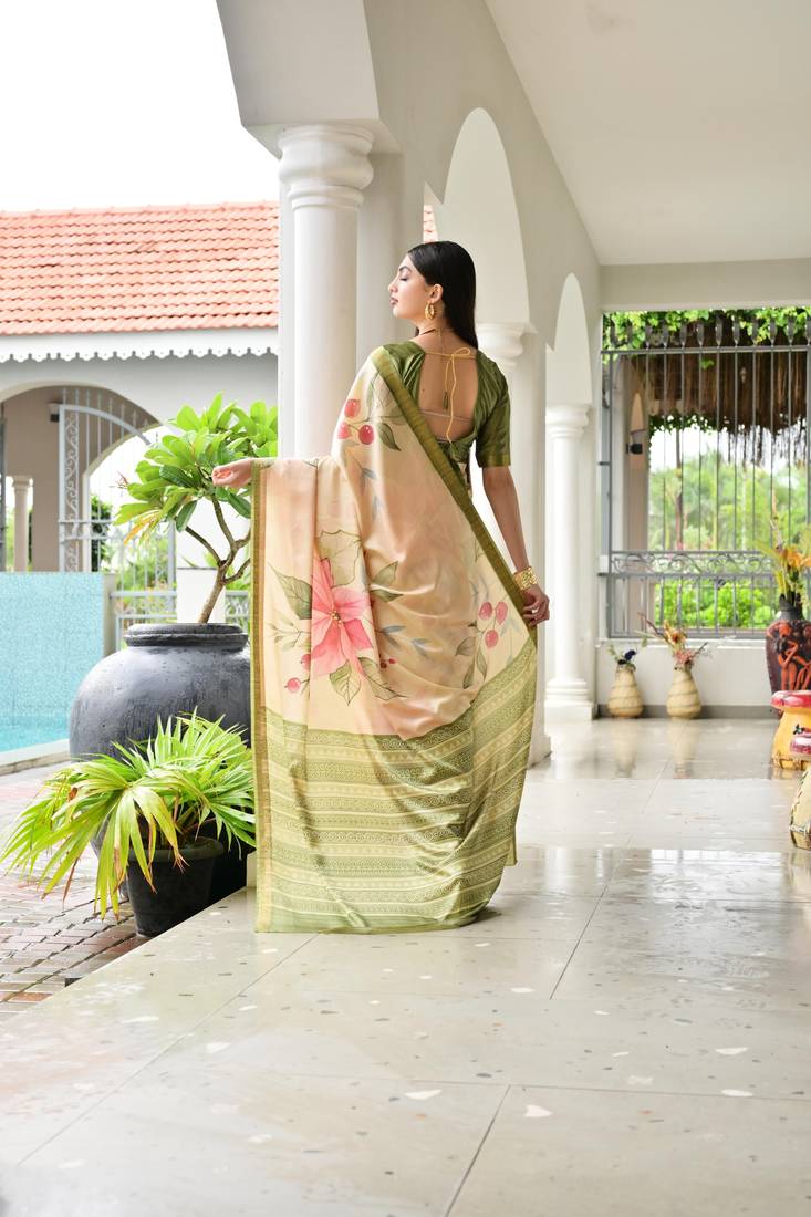 parrot green solid satin saree with blouse