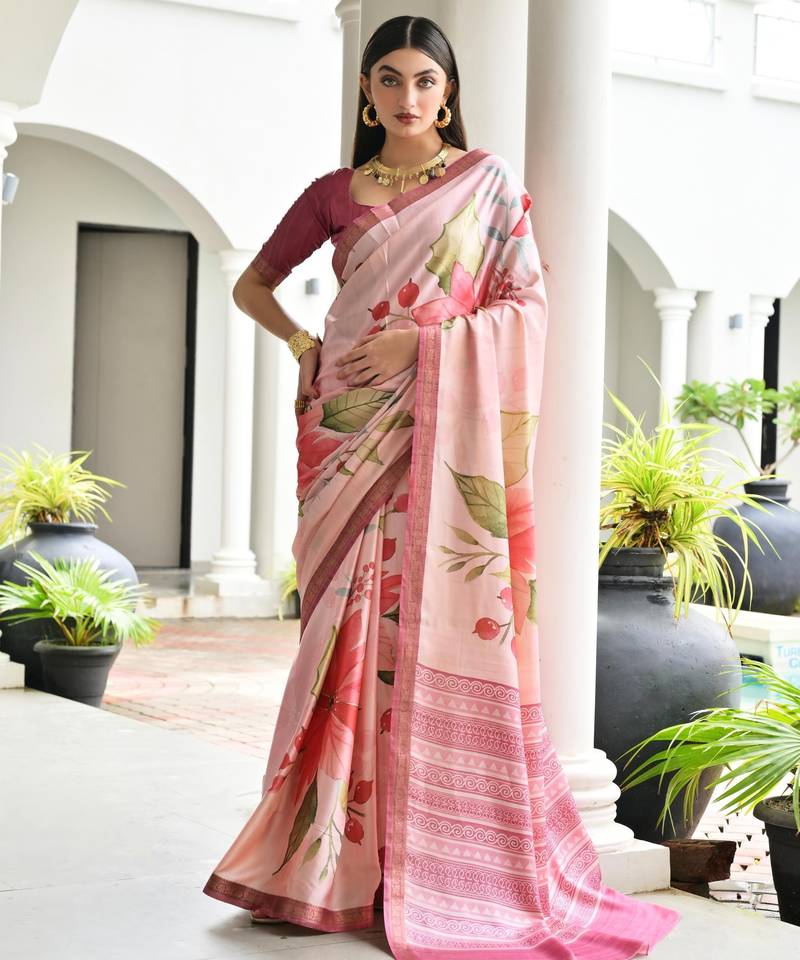 pink solid satin saree with blouse