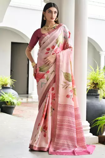 pink solid satin saree with blouse