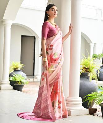 pink solid satin saree with blouse 5