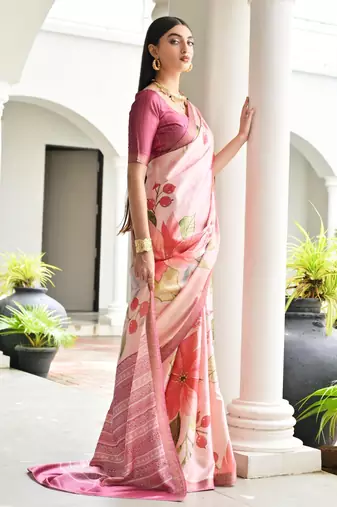 pink solid satin saree with blouse