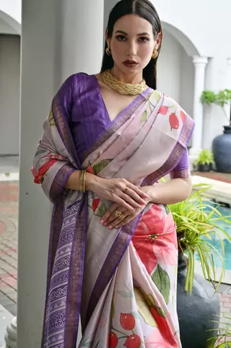 purple solid satin saree with blouse