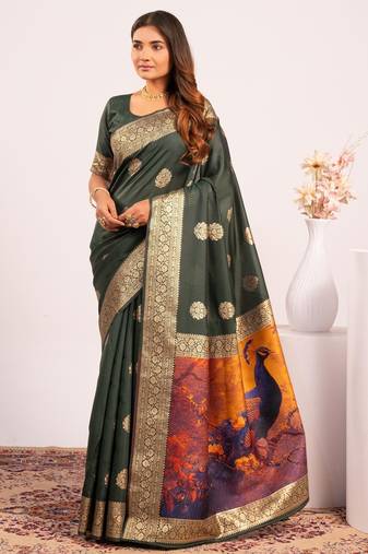 Green solid silk blend saree with blouse