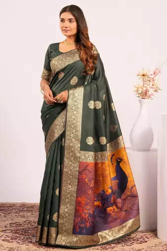 Green solid silk blend saree with blouse