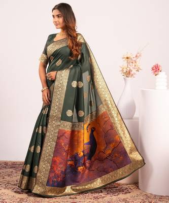 Green solid silk blend saree with blouse 2