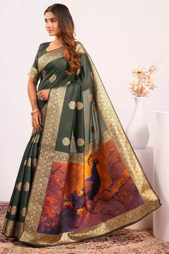 Green solid silk blend saree with blouse