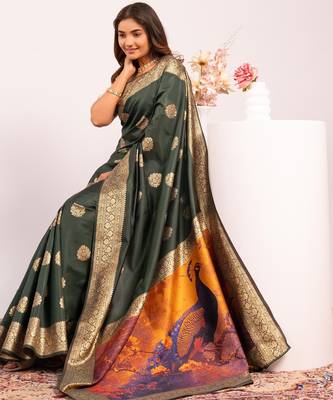 Green solid silk blend saree with blouse 3