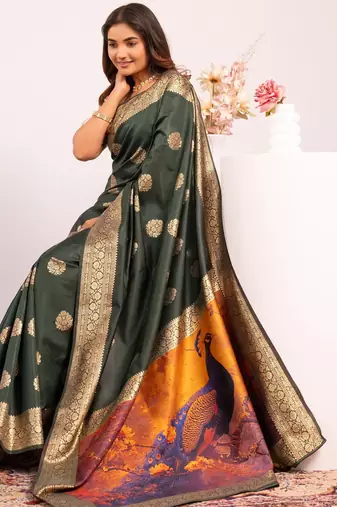 Green solid silk blend saree with blouse