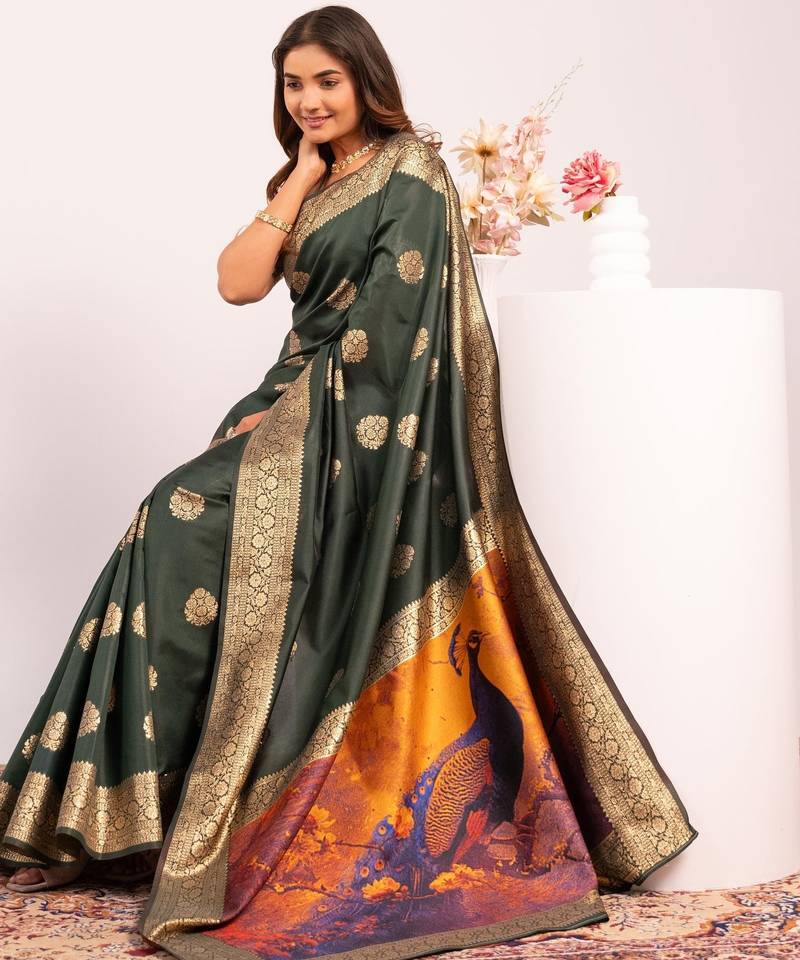 Green solid silk blend saree with blouse