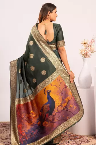 Green solid silk blend saree with blouse