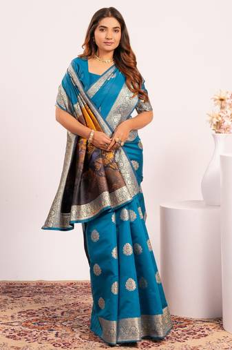 Blue solid silk blend saree with blouse