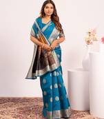 Blue solid silk blend saree with blouse