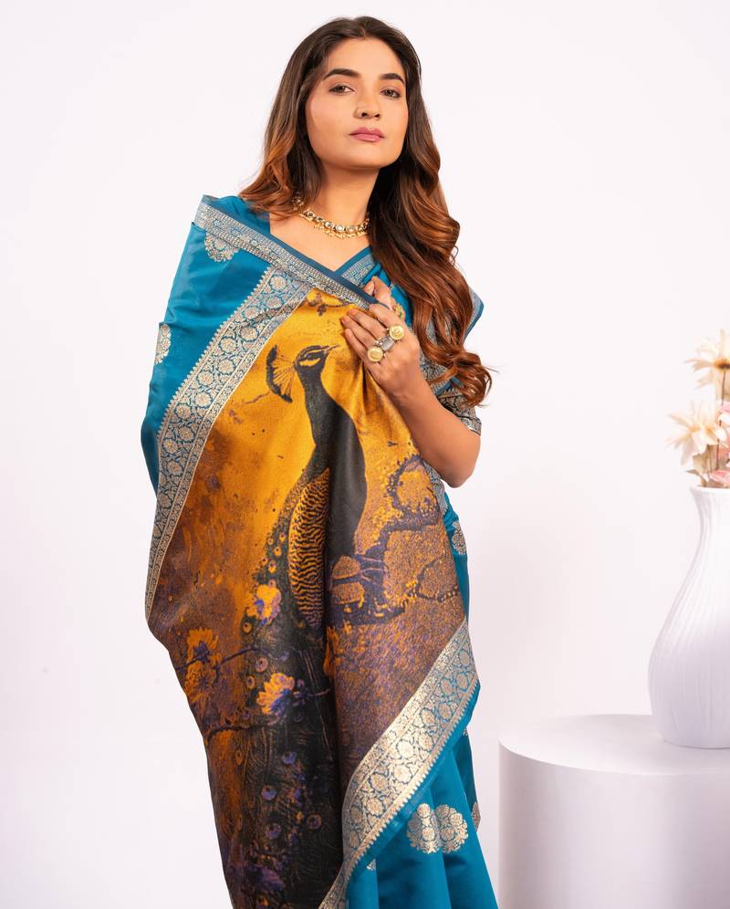 Blue solid silk blend saree with blouse