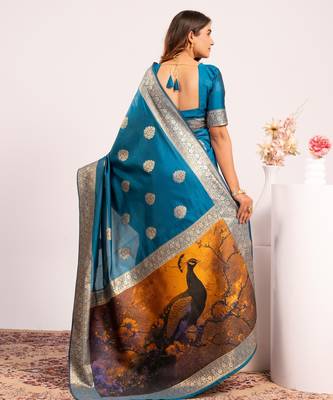Blue solid silk blend saree with blouse 3