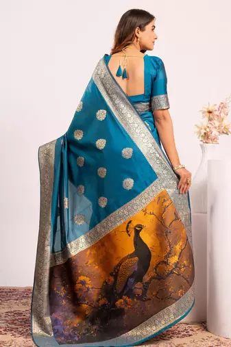 Blue solid silk blend saree with blouse
