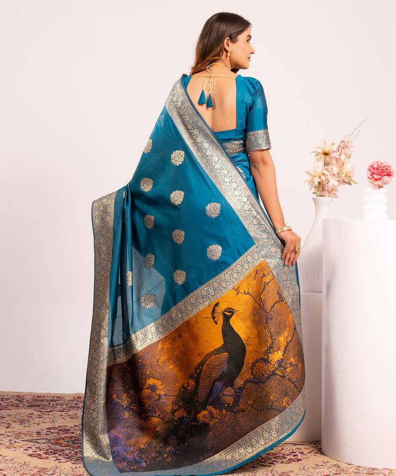 Blue solid silk blend saree with blouse