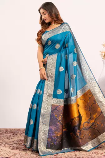 Blue solid silk blend saree with blouse